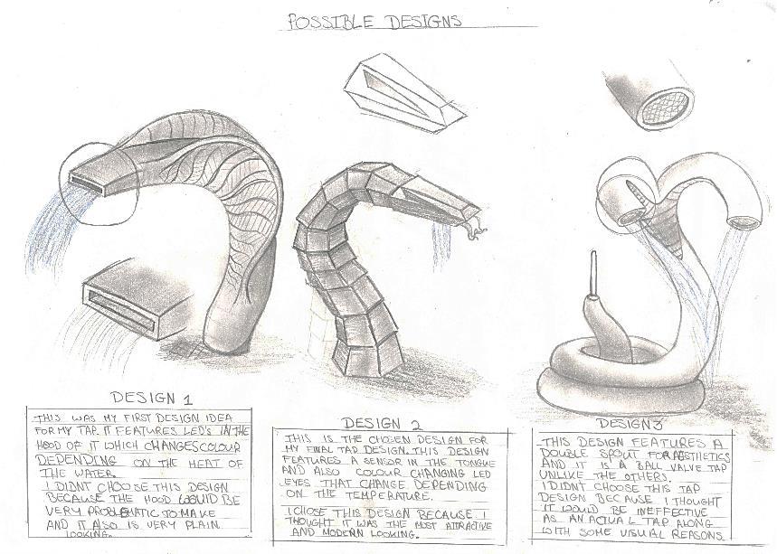 Sheet 2 - Exploration of Possible Designs Ben s Possible Designs sheet below is excellent. He designed a tap based on a snake for the 2016 DCG Student Assignment.