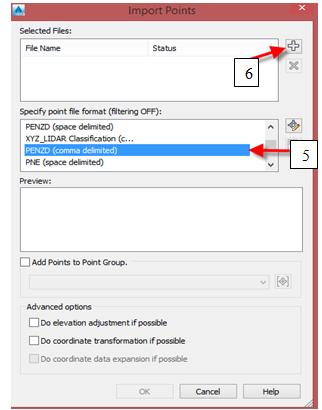 In the Import point dialog, confirm that the PENZD (comma delimited) format is selected as shown in the figure above to match with the data saved in step 2. 6.