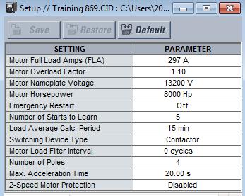 Settings Example Select FLA, Ground CT Motor FLA: Set as specified by the data sheets. Overload Factor: This is the pickup of the OL curve. Set 10-15% above data sheet service factor.