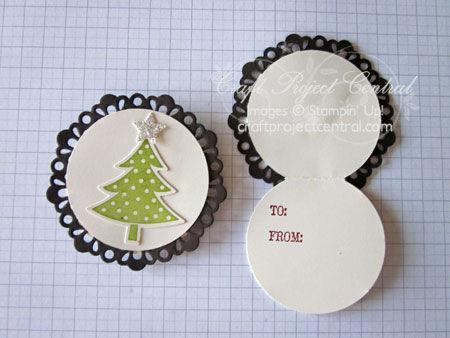 Attach one of the circle cards stamped in Cherry Cobbler to the back of a Christmas tree
