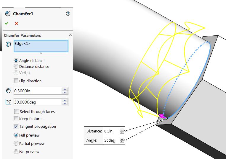 Use a CHAMFER FEATURE (Angle distance:.3000 and 30 ) as shown on the circular edge near the joint at the hexagon.