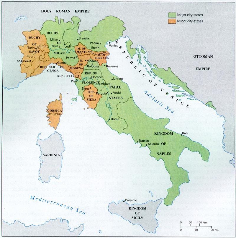 In the fifteenth century, Italy was not the unified country we know today. At that time the boot-shaped peninsula was divided into many small independent states.