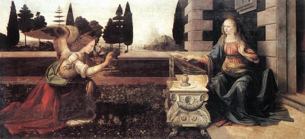 The Annunciation. c. 1472-1475. Oil and tempera on wood. Uffizi Gallery, Florence, Italy The Annunciation depicts the moment when the angel Gabriel appears before Mary.