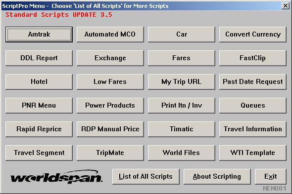 Main Menu Options When you call this script, the following screen displays: The current version of ScriptPro is identified at the top of the page in red New scripts added with this release are on the