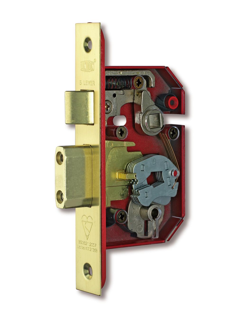 follower spring slots to accommodate bolt through furniture 38mm centres easily reversible radius latch bolt hardened steel anti drill plates on both sides of case chamfered bolt