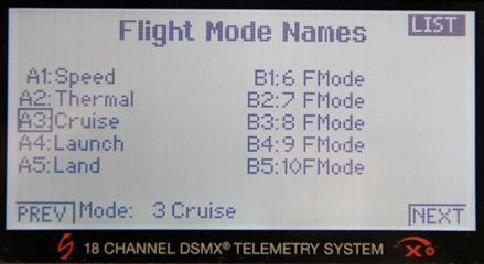 CHANGE FLIGHT MODE NAMES. SYSTEM SETUP > F-MODE SETUP > FLIGHT MODE SETUP >Next> PRIORITY SWITCH >Next> FLIGHT MODE TABLE <Prev< FLIGHT MODE NAMES.