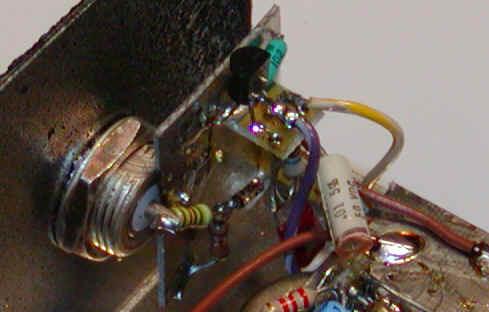The diode detector and first transistor are mounted directly on the BNC: Before circuits are installed: This gadget has enough gain to hear the internally-generated component noise with no antenna