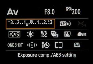 The image below shows a Canon 6D set to Av mode with exposure compensation set to underexpose the image by 2/3rds of a stop.