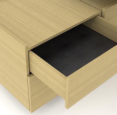 Carcass: 18mm MFC with 1mm BS edge; 19mm wood veneer chipboard with 1,5mm edge; Grain direction runs horizontally; Top panel lowered by 20mm; Grain direction of the top panel matches the tabletop.