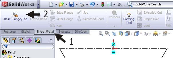 23 1. Click on SheetMetal in the CommandManager. 2. Click on Base- Flange/Tab. Tip!
