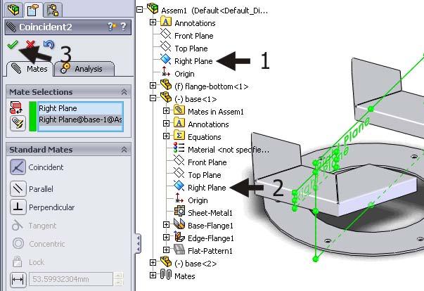 SolidWorks chooses the mate Coincident automatically 5. Click on OK.