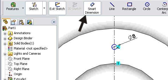 11 Click on Smart Dimension in the CommandManager and set a dimension of Ø8mm for the circle.