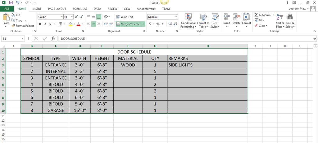 10. Adding a drawing from a different program a. Open Window, Door and Cabinet Schedule in Excel b.