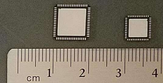 The QFN thermal pads were used for void measurements. The QFN components used were dummy components of two different sizes. The larger QFN had 68 perimeter leads on a 0.