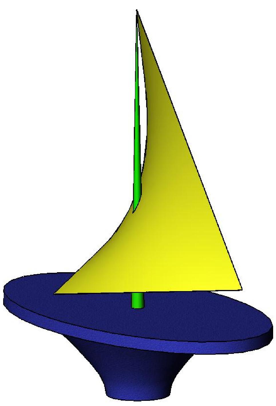 Structural Forms C-2. The 3D graphic on the right shows a trophy for a sailing competition which is in the form of a yacht. The projections of the trophy are shown in Fig. C-2. The stand is a semi hyperboloid of revolution and the deck is elliptical.