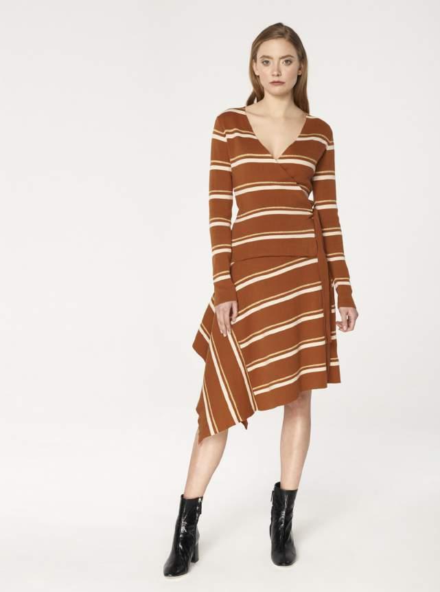 Striped asymmetric skirt with side drape Brown, Gold and White P180465B Jumper with knit