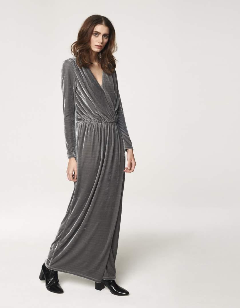 P180163A Velvet maxi dress with gathered wrap front Grey
