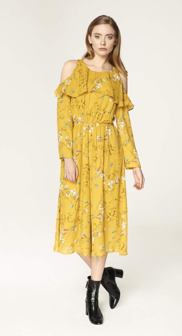 P180253B Floral culotte jumpsuit with cold shoulders and front frill Yellow