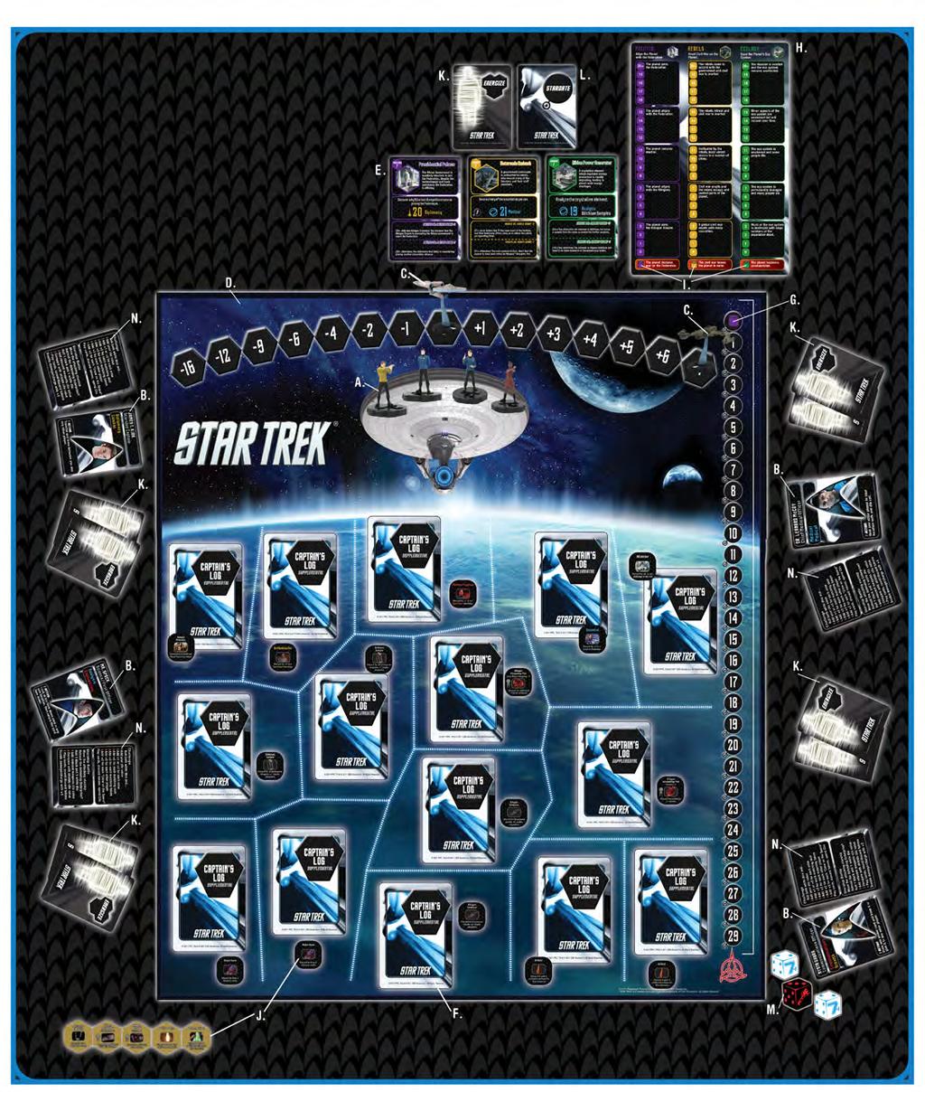 SETTING UP THE GAME: YOUR MISSION BEGINS COMPONENT LIST A. 4 Clix Figures B. 4 Character Cards C. 2 Clix Starships D. 1 Game Board E. 21 Captain s Log Cards F.