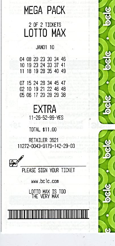 one LOTTO MAX Extra $20 Mega Pack: a $20 Quick Pick ticket consisting of two