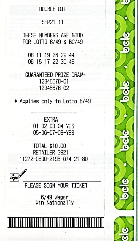 6/49, BC/49, one Lotto 6/49 "GUARANTEED PRIZE" number and one Extra selection.