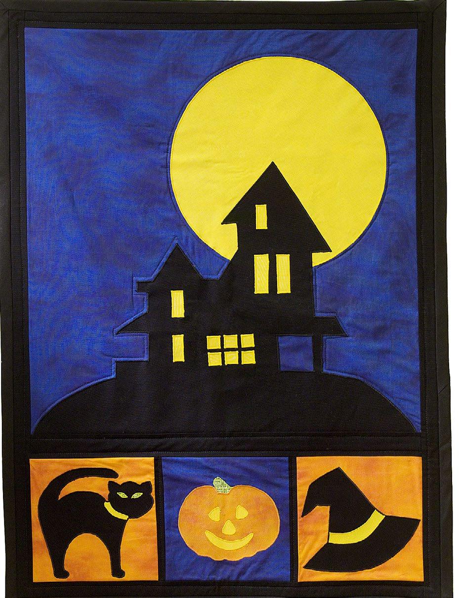 Technique: Applique Haunted House On The Hill Skill level - Intermediate Designed by: Brand: Crafting time: Elizabeth Hill Dual Duty XP An Evening A haunted house set against a full moon, a black