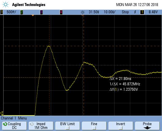 Figure 5 CS35L41 output voltage overshoot and ringing with 1 nf external capacitor The n-channel power MOSFET output capacitance is calculated as shown in Equation 2: C OSS = 1nF ( 111.11MHz 2 45.