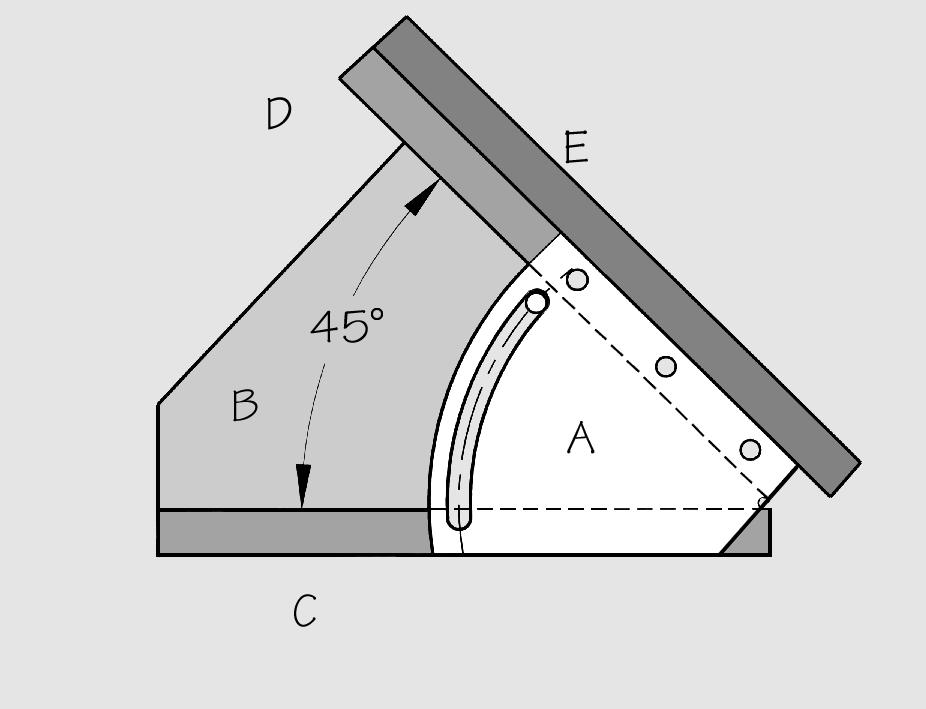With a square or an accurate triangle align part "D with part "C" at a 90 degree angle, and clamp part "A" to part "B". Make sure your clamp will not interfere with drilling HOLE A.