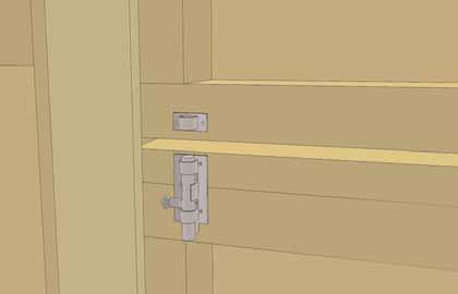 Attach Interior Silver Barrel Bolt to inside of door as illustrated above. Use 3/4 silver screws to secure.