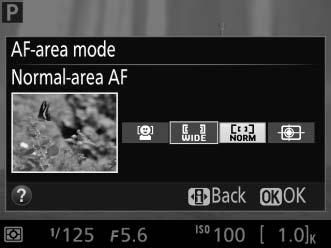 Choosing an AF-Area Mode In modes other than i, j, and (, the following AF-area modes can be selected in live view (note that subject-tracking AF is not available in %, g, and 3 modes): Option