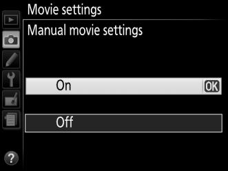 Manual movie settings: Choose On to allow manual adjustments to shutter speed and ISO sensitivity when the camera is in mode M.