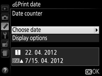 d6: Print Date G button A Custom Settings menu Choose the date information imprinted on photographs as they are taken. Option Off Description The time and date do not appear on photographs.