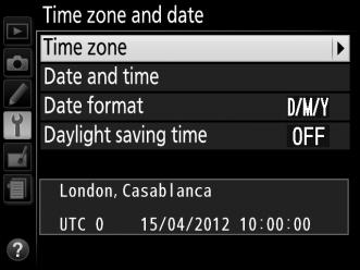 Time Zone and Date G button B setup menu Change time zones, set the camera