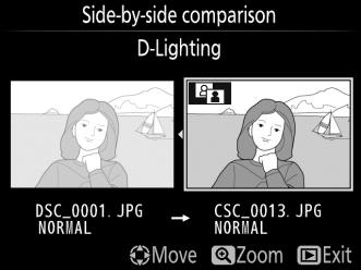 Select a retouched copy (shown by a N icon) or a photograph that has been retouched in fullframe playback and press J. 2 Select Side-by-side comparison.