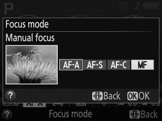 A Selecting Manual Focus with the Camera If the lens supports M/A (autofocus with manual override), manual focus can also be selected by setting the camera focus mode to MF (manual focus; 0 33).