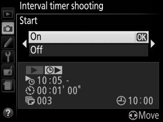4 Choose the number of intervals. Press 4 or 2 to highlight number of intervals (i.e., the number of times the camera shoots); press 1 or 3 to change. Press 2 to continue. 5 Start shooting.