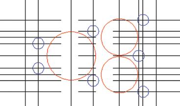 basics of A+cad Figure 9.6 13. Offset the Center2X line both upwards and downwards until the centerlines and the construction lines intersect, giving the center point for each requested circle.