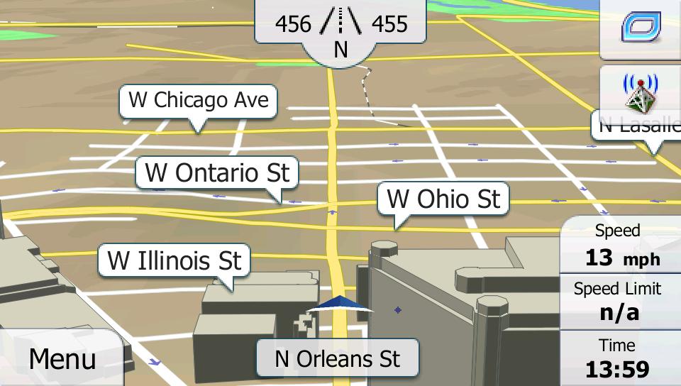 When GPS position is available, the Vehimarker is displayed in full color, now showing your current position. There are screen buttons and data fields on the screen to help you navigate.