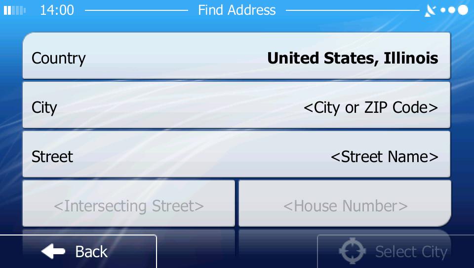 5. Instead of entering the street name, tap. This way the center of the displayed city/town becomes the destination of the route. 6. A full screen map appears with the selected point in the middle.