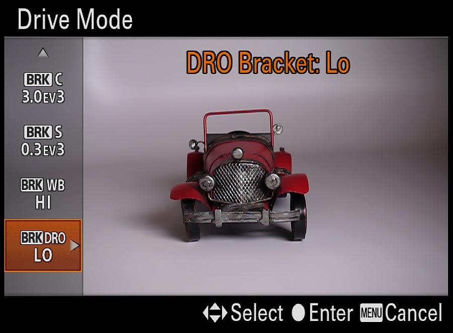 74 Photographer s Guide to the Sony DSC-RX100 IV DRO Bracketing This final option on the Drive Mode menu, whose icon is shown in Figure 4-29, sets the RX100 IV to take a series of 3 shots at