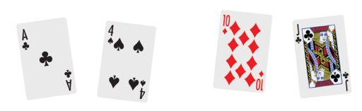 If the third card falls in between the two cards that are face up, the player wins. What is the probability that the player will not win for each pair of cards that are face up?