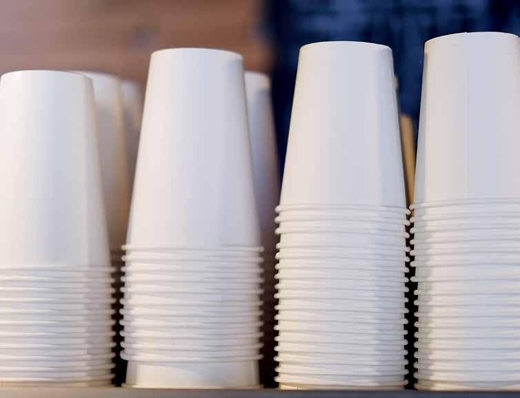 PROMISING PATHWAYS Though single-use paper cups are ubiquitous in North America, recycling the poly-coated items has been challenging.