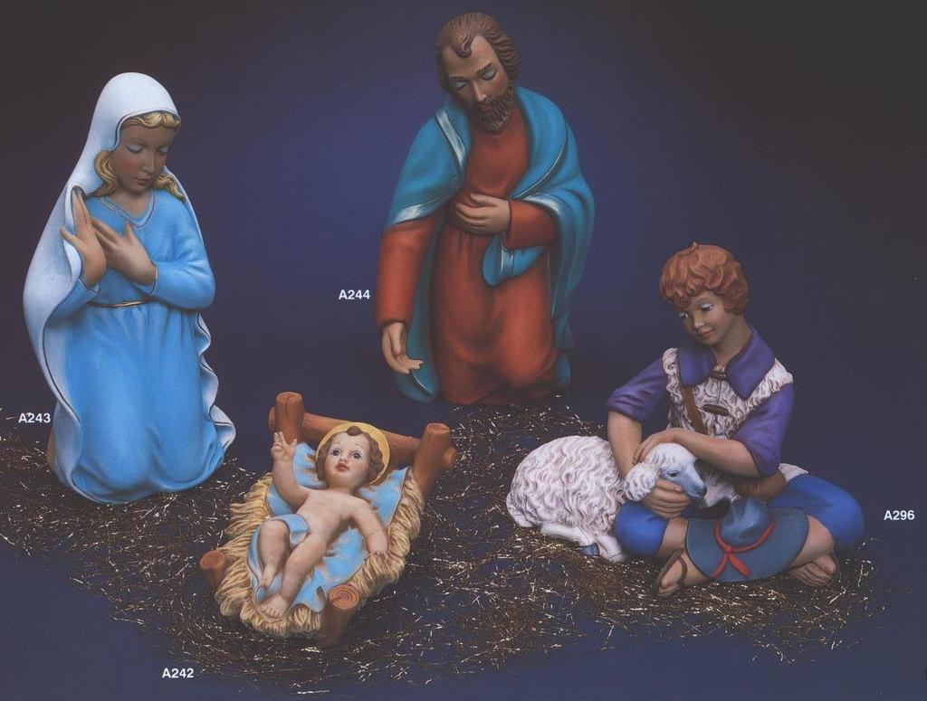 Extra Large Outdoor Nativity A-242 Christ Child 10 Long 22.50 A-243 Mary 17 Tall 37.50 A-244 Joeseph 18 Tall 37.50 A-295 Donkey 16 1 /2 High 41.70 A-296 Shepherd Boy with Lamb 12 1 /2 High 32.