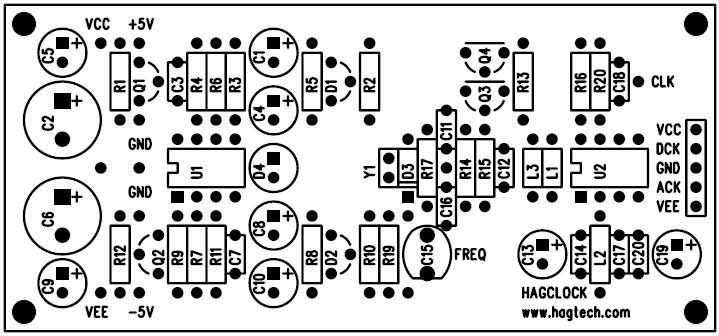 HagClock Reference Oscillator Kit Manual 6 Circuit Board 3 Assembly & Test Assemble in the following order, solder and clip leads before continuing. Install all resistors. Install inductor and beads.