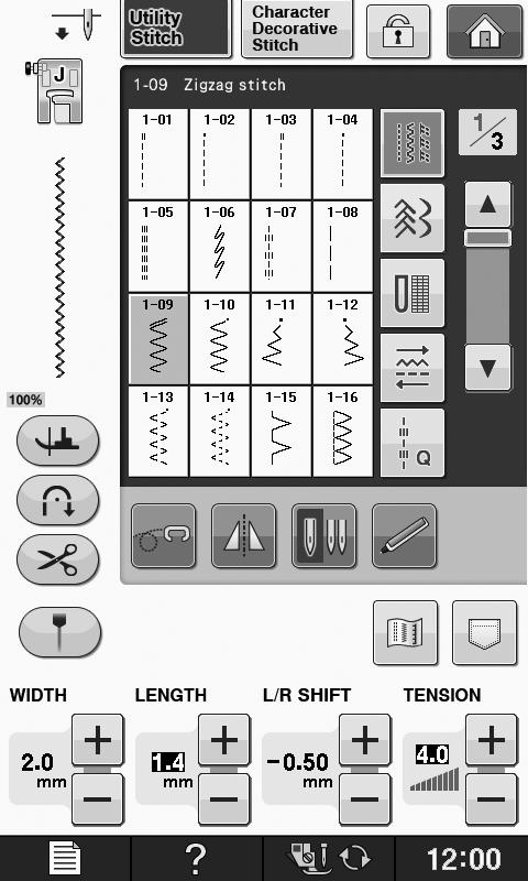 The stitch selection screen ppers gin, nd the stitch width nd L/R SHIFT chnge ccording to the settings specified with the sensor pen.