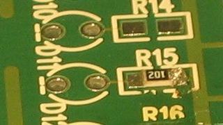 After you have done that, the board will look like this, with the resistor in this case soldered in place by its right