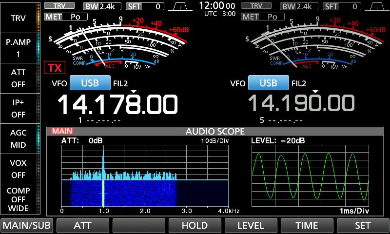 The FFT scope also has a waterfall display. FFT Scope zone Band icon (Main) Oscilloscope Waterfall zone D Using the Audio scope Display the AUDIO SCOPE screen.