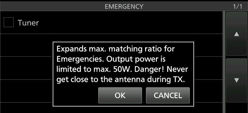 Emergency mode (Tuner) The Emergency mode (Tuner) enables you to use the internal antenna tuner in an emergency situation, but limits the maximum output power to 0 W.