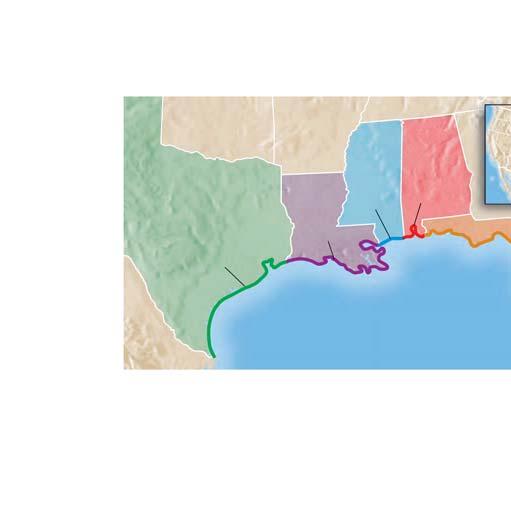 41. GULF COAST The map shows the length of shoreline (in miles) along the Gulf of Mexico for each state that borders the body of water.