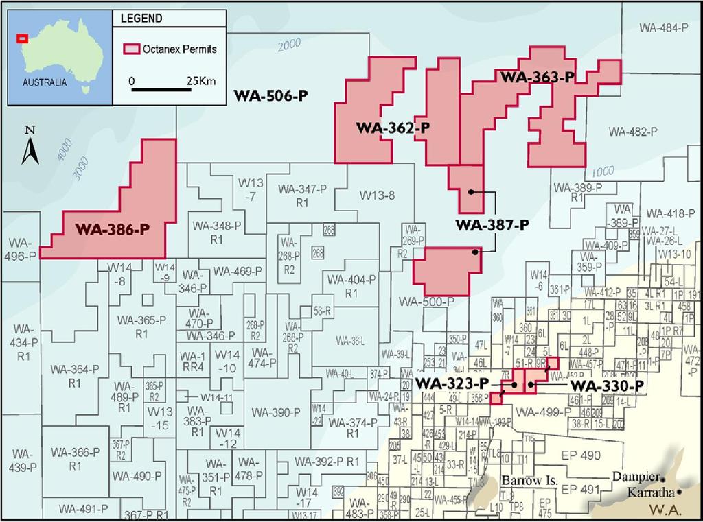 CARNARVON BASIN, AUSTRALIA Large Acreage Positions, Top Class Operators Gas discovery at the Winchester-1/ST1 well drilled by Santos in WA-323-P Santos reprocessing 3D seismic in WA-323-P and